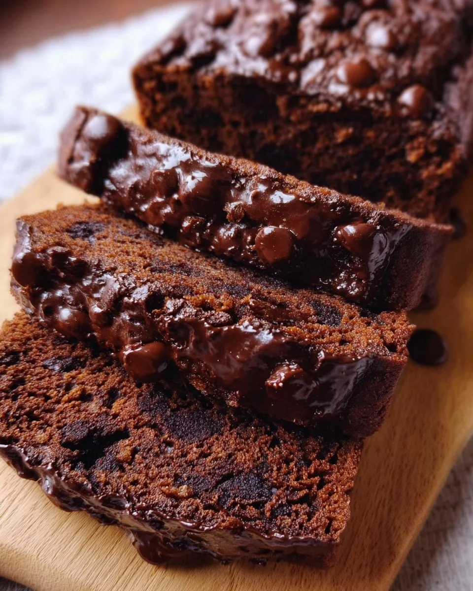 Slice of high protein chocolate banana bread on a wooden table