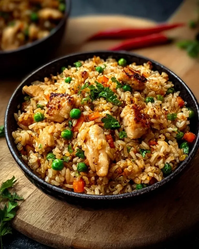 Plate of high-protein crispy garlic chicken fried rice garnished with vegetables