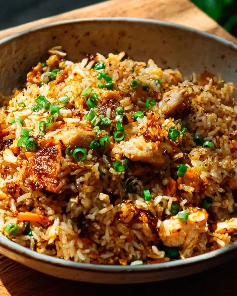 High Protein Crispy Garlic Chicken Fried Rice