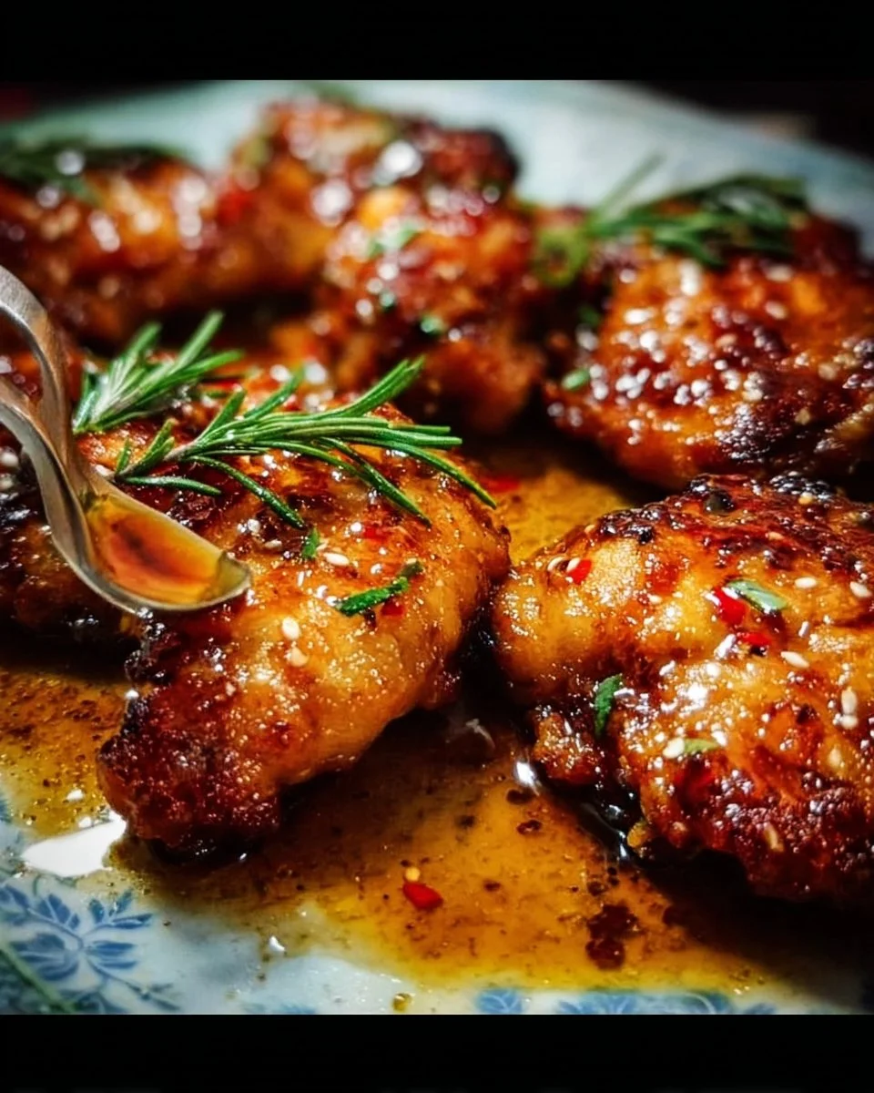 Honey Garlic Chicken Thighs served on a plate with herbs