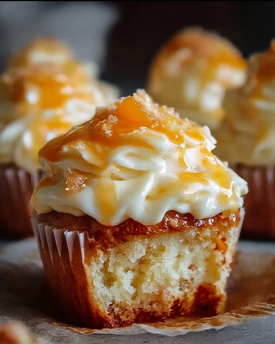 Delicious Honey Peach Cupcake topped with peach slices and honey drizzle