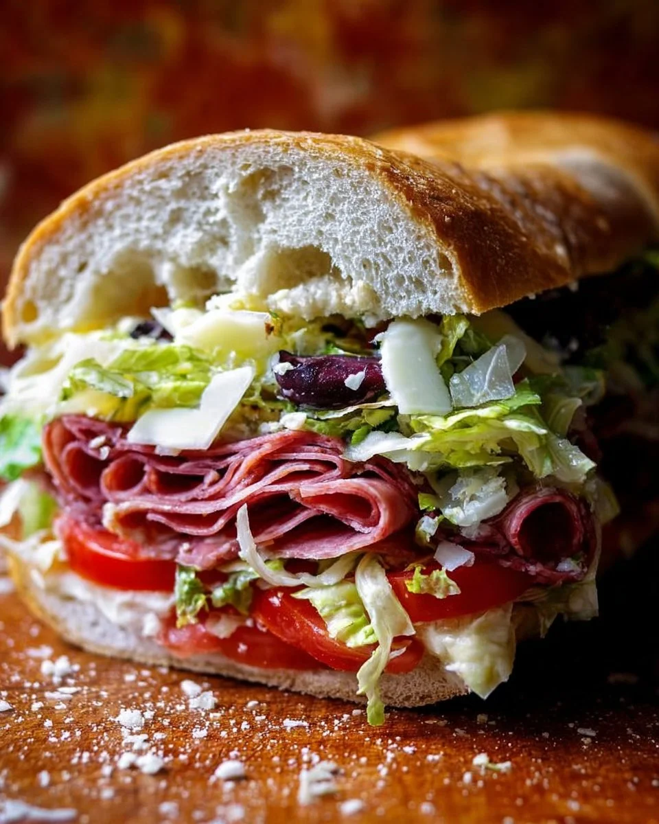 Italian Grinder Salad Sandwich with fresh vegetables and meats served on a sub roll