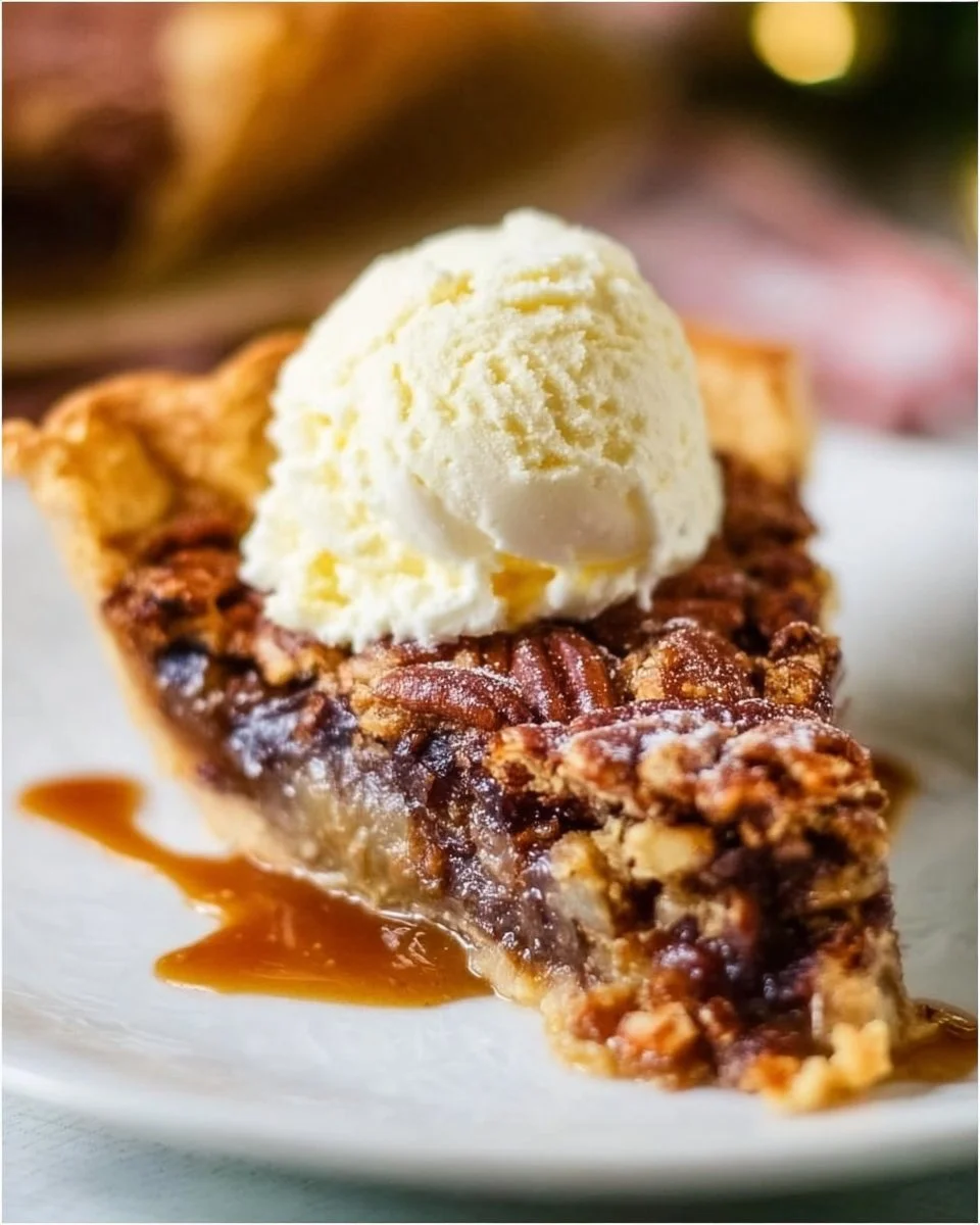Delicious slice of Kentucky Derby Pie with pecans and chocolate filling.