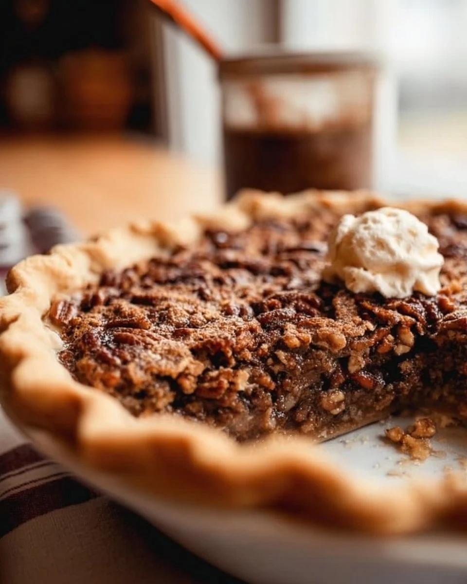 Slice of Kentucky Pecan Pie garnished with pecans on a rustic wooden table
