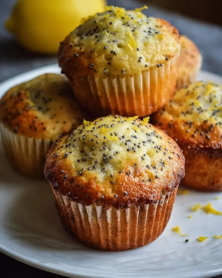 Baked lemon poppy seed muffins served on a cooling rack