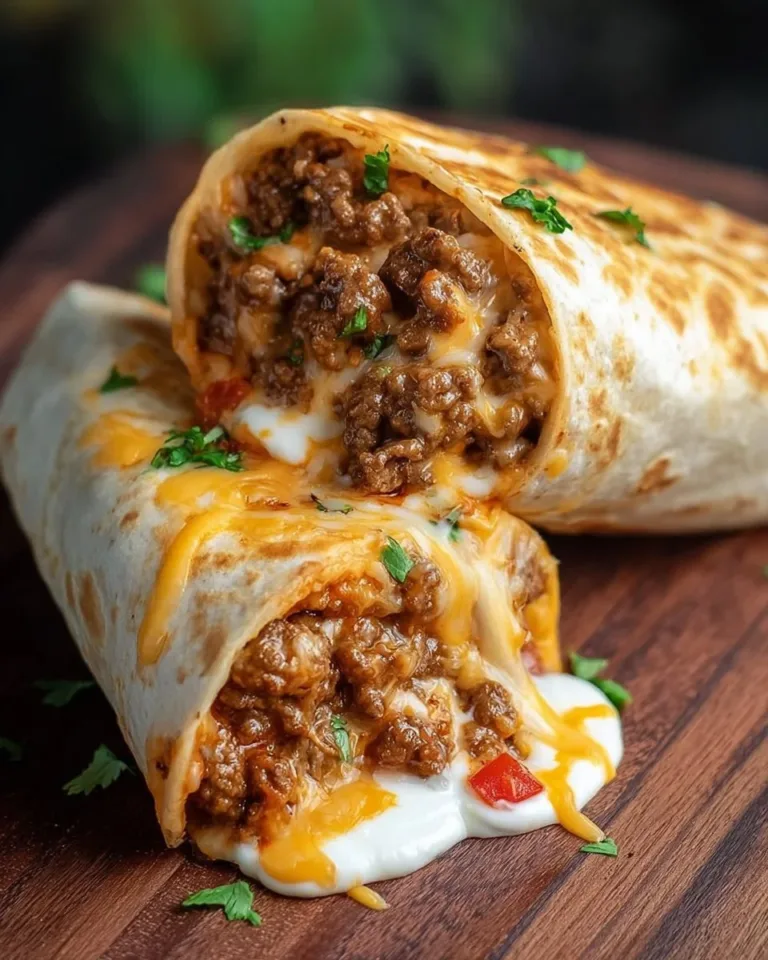 Loaded cheesy ground beef burritos served on a plate with toppings.