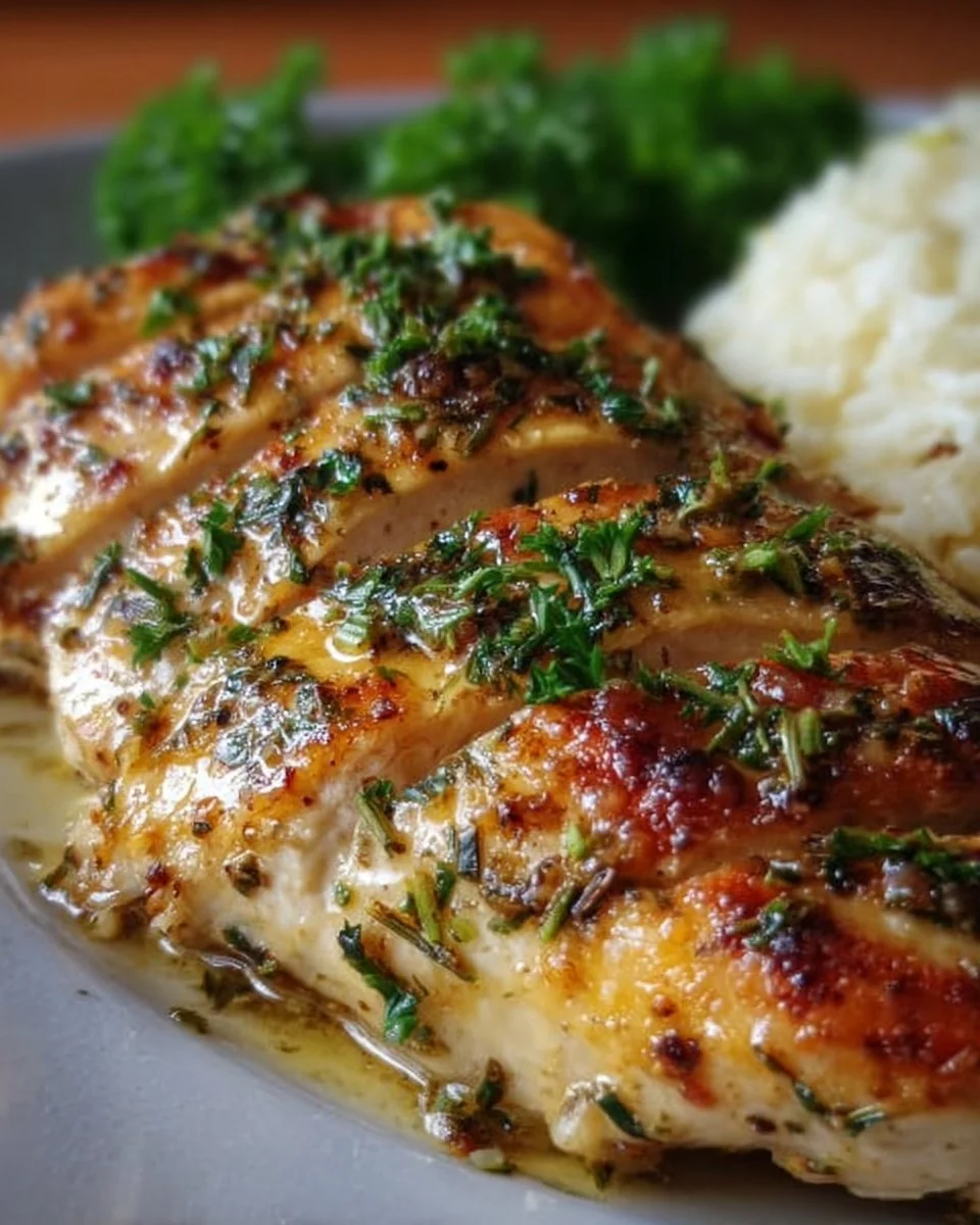 Juicy melt in your mouth chicken breast recipe served with herbs and spices