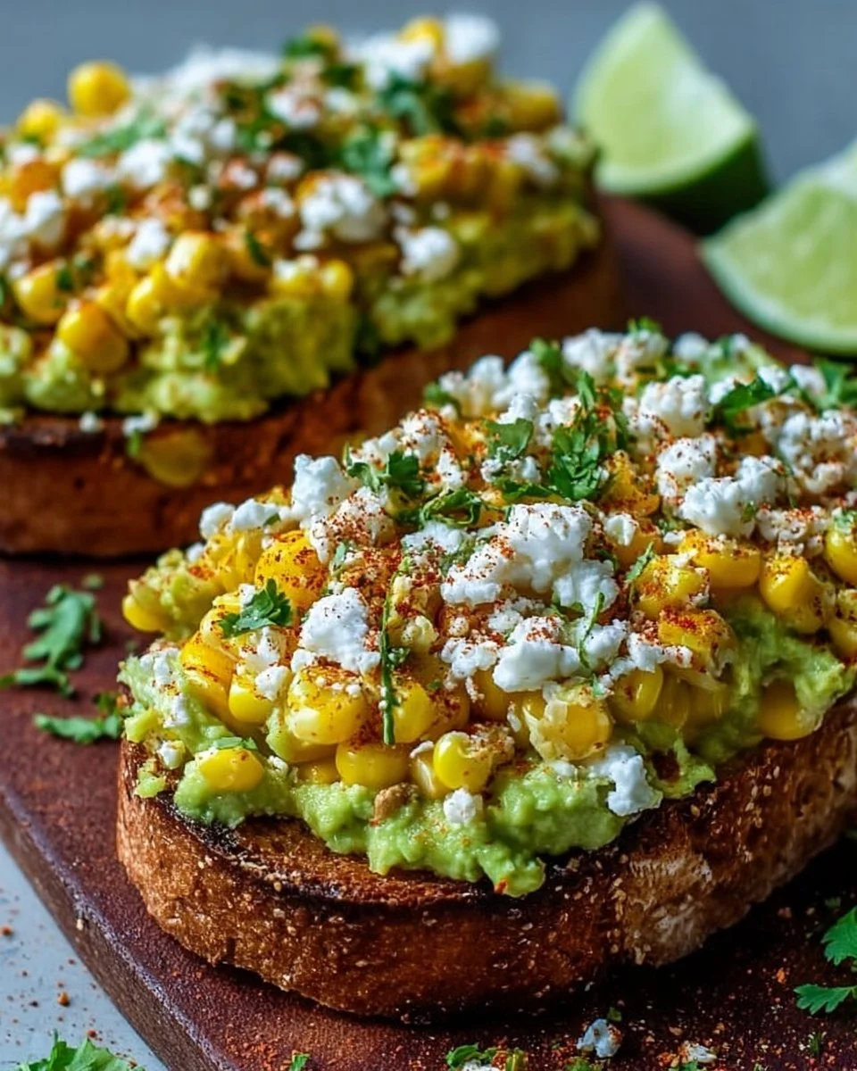 Mexican Street Corn Avocado Toast topped with cilantro and lime