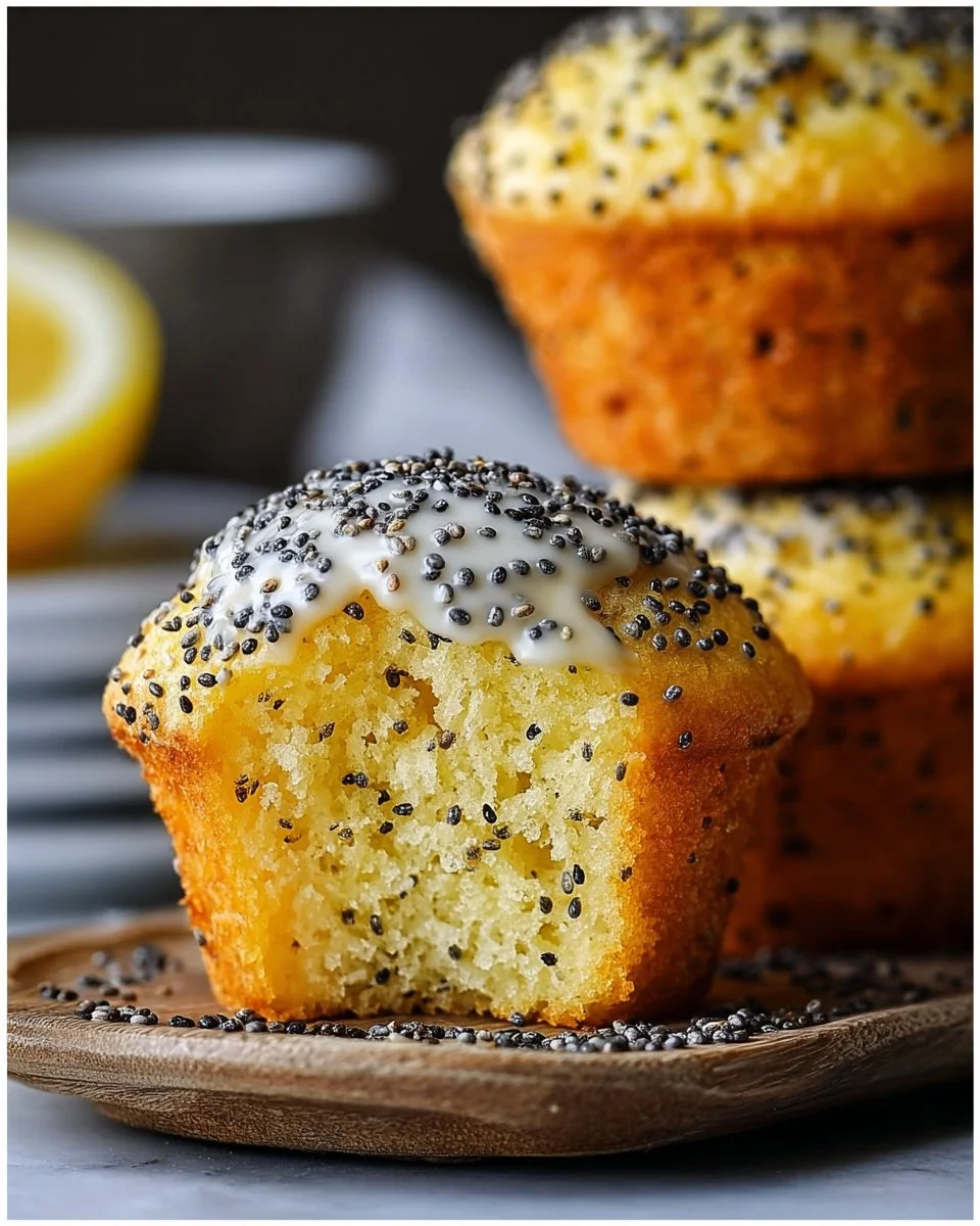 Moist & fluffy lemon poppy seed muffins with poppy seeds and lemon glaze