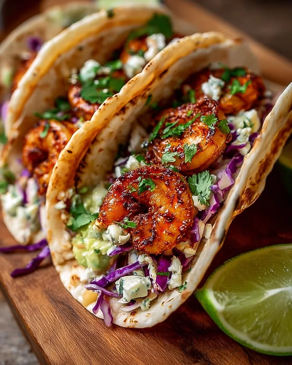 Delicious shrimp tacos topped with fresh ingredients and served in corn tortillas.