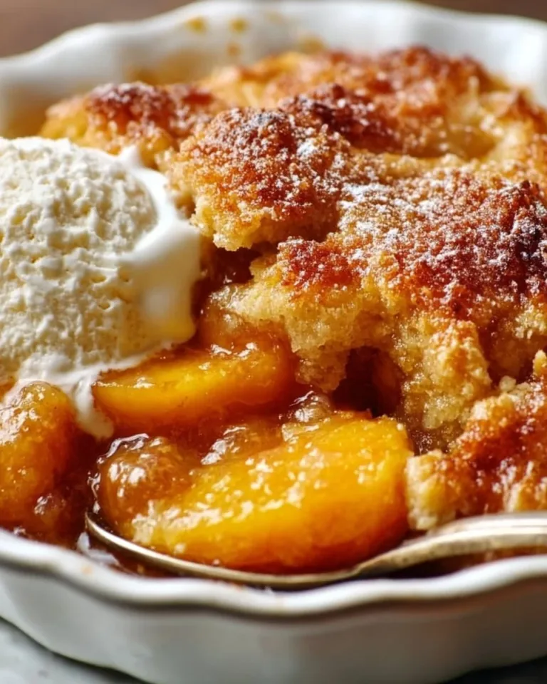 Paula Deen's famous Southern peach cobbler served in a decorative dish