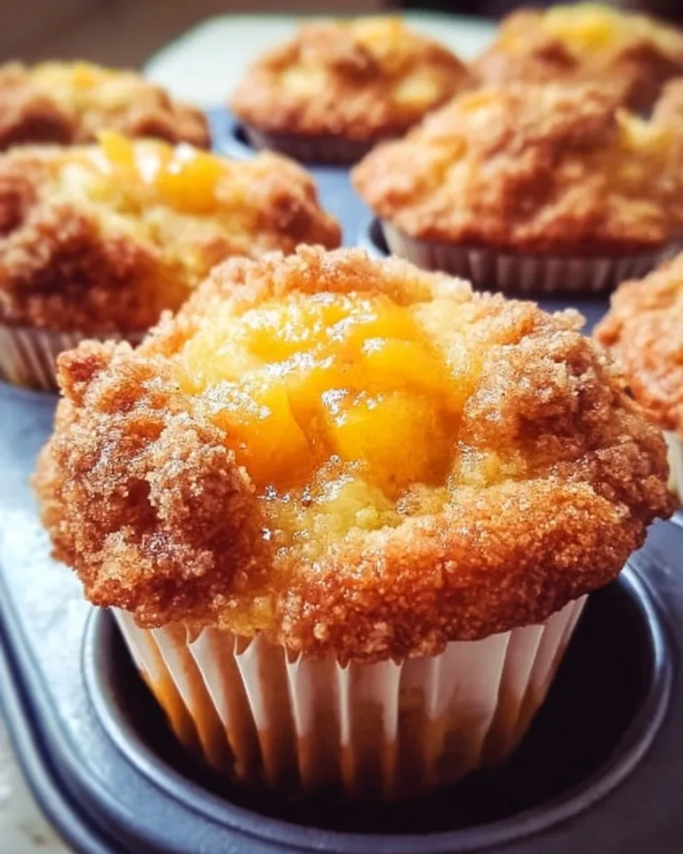 Freshly baked peach cobbler muffins on a plate