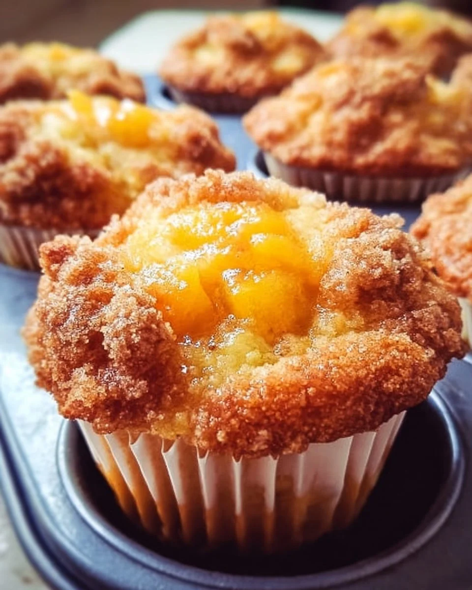 Freshly baked peach cobbler muffins on a plate