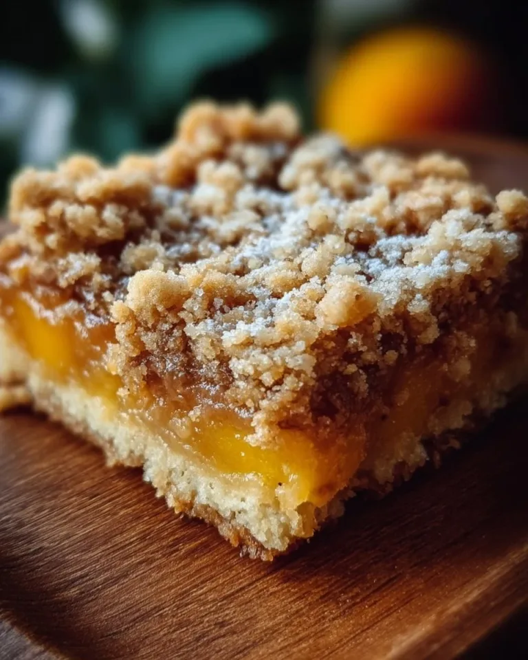 Delicious peach pie crumble bars with fresh peaches and a golden crust