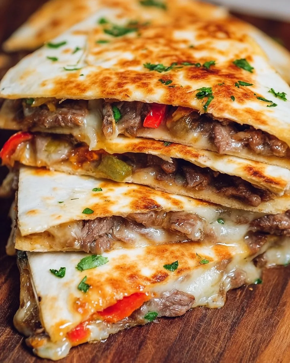 Delicious Philly Cheesesteak Quesadilla served with toppings