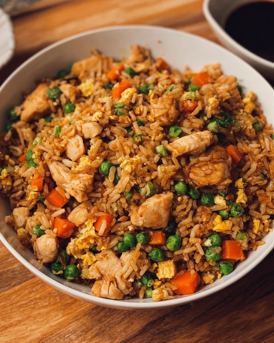 Plate of restaurant-style chicken fried rice with vegetables and chicken