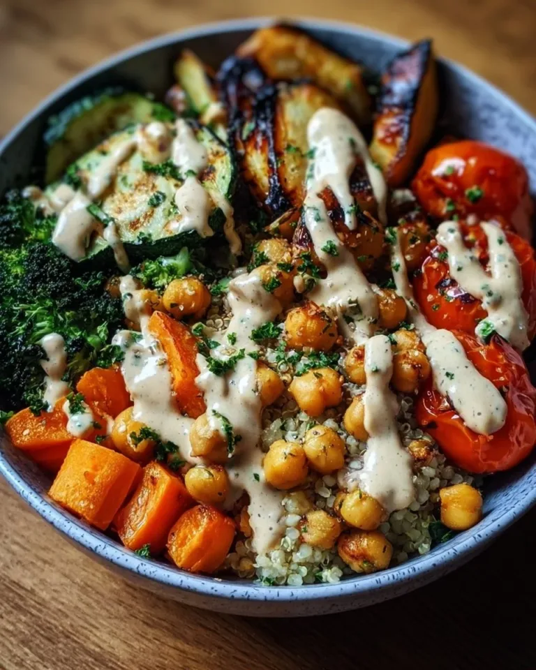 A vibrant Roasted Veggie Chickpea Bowl with colorful vegetables and seasoned chickpeas
