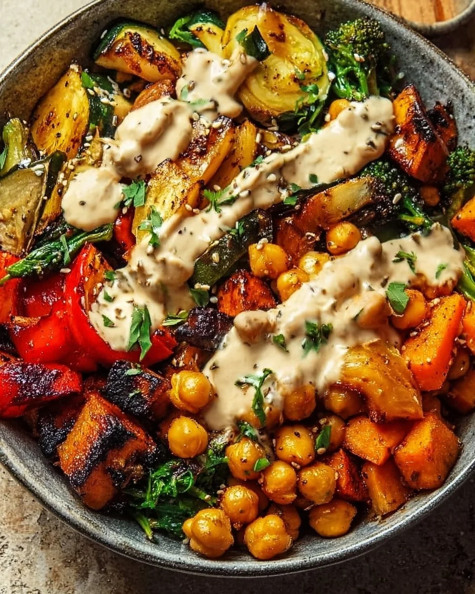Roasted Vegetable and Chickpea Bowl with Creamy Tahini Dressing