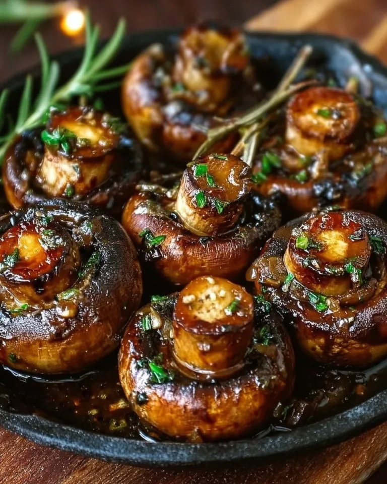 Plate of sautéed grilled garlic mushrooms garnished with herbs