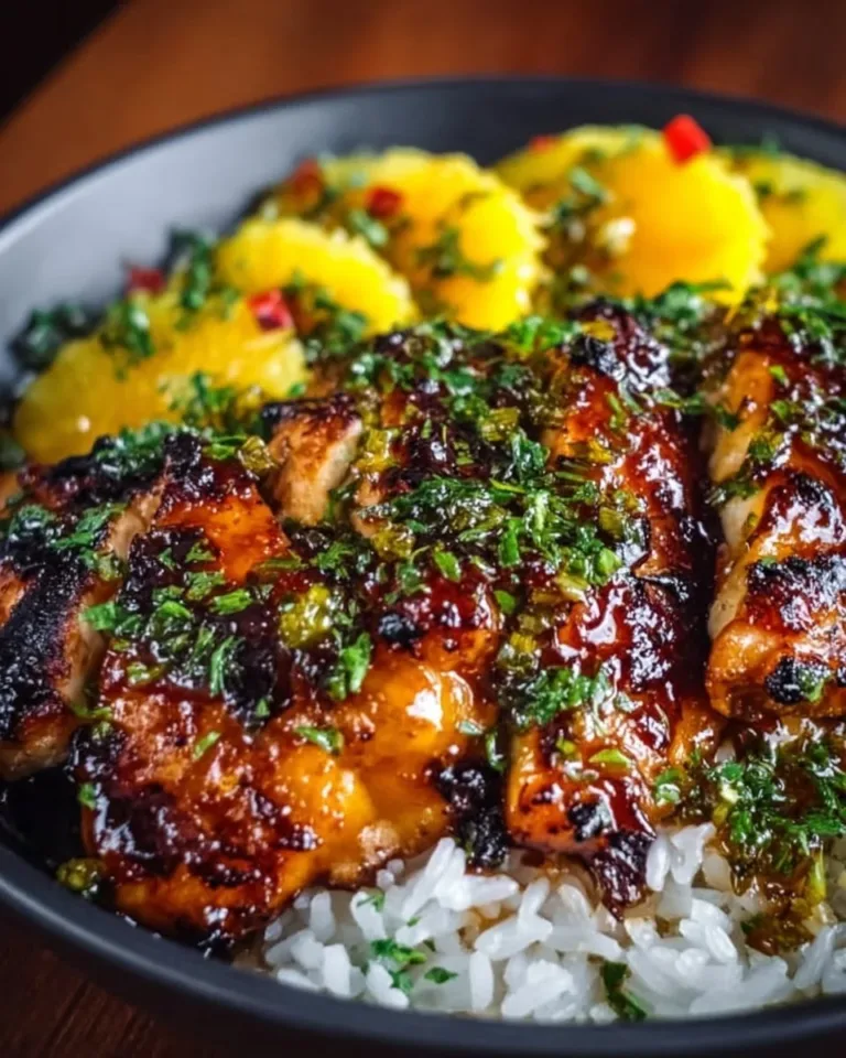 Delicious mango glazed chicken garnished with fresh herbs and served on a plate.