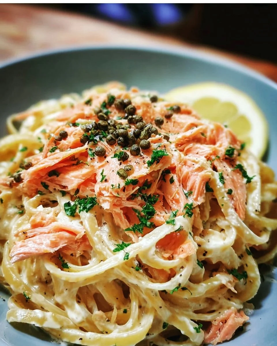 Plate of savory smoked salmon linguine topped with fresh herbs and cream sauce