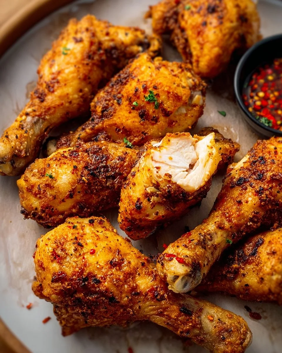 Deliciously seasoned crispy chicken drumsticks served on a plate.