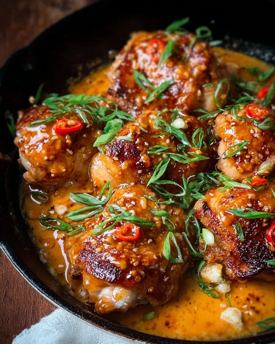 Skillet Bang Bang Chicken Thighs served on a plate with colorful side vegetables.