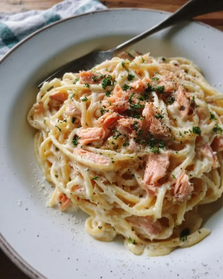 Delicious smoked salmon carbonara served in a creamy sauce with pasta