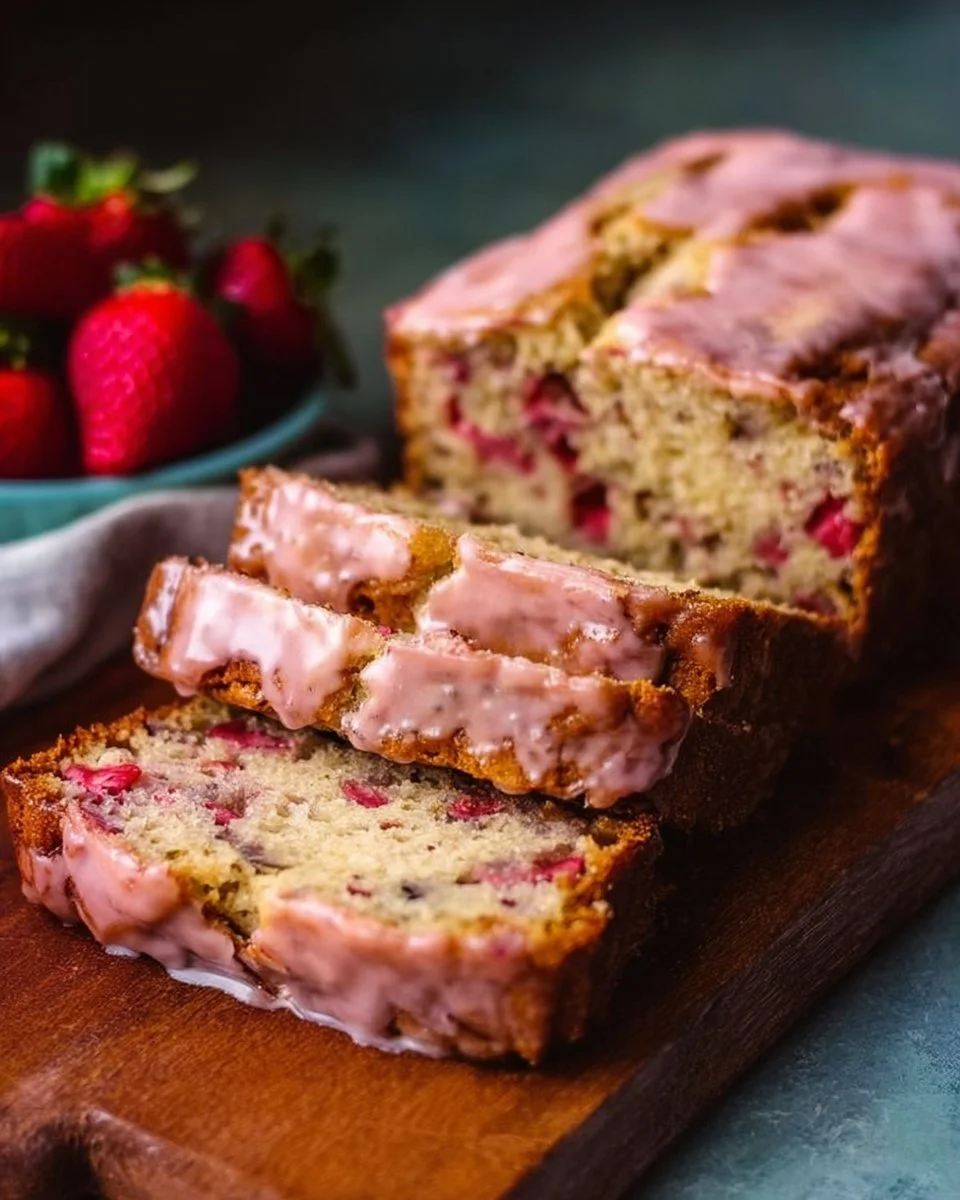 Freshly baked strawberry banana bread with slices on a wooden board