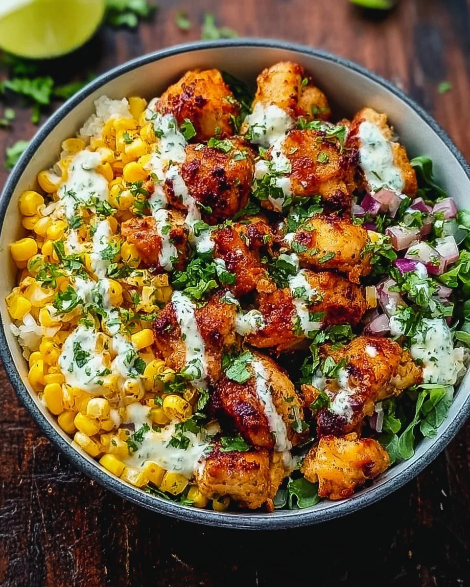 Delicious street corn chicken bowl with grilled chicken and fresh toppings