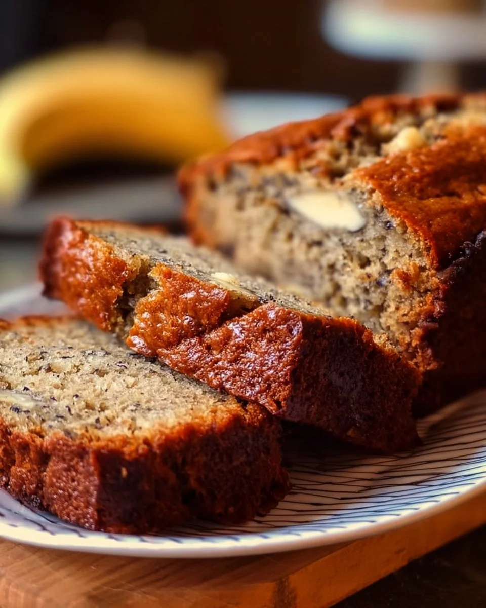 Loaf of super moist banana bread with sliced pieces on a wooden table