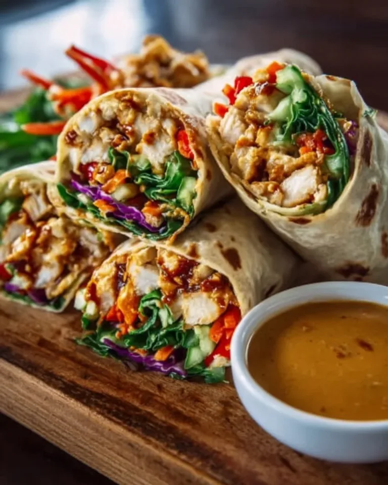 Thai Peanut Chicken Wraps with fresh vegetables and savory sauce