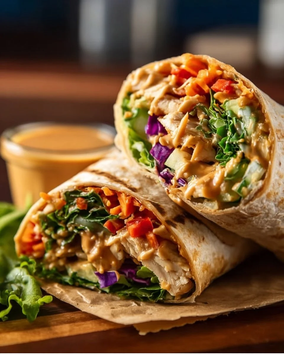 Delicious Thai Peanut Chicken Wraps with Fresh Vegetables and Creamy Peanut Sauce