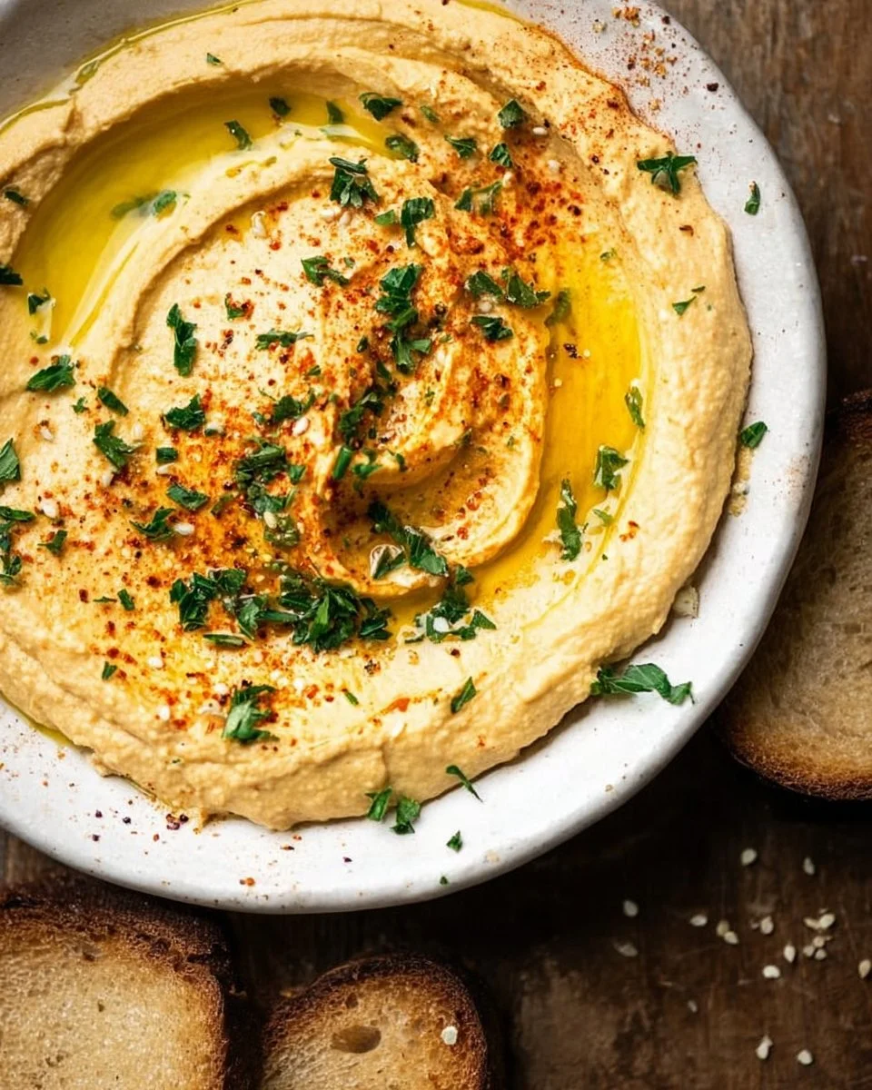 A bowl of creamy homemade hummus served with pita bread and vegetables