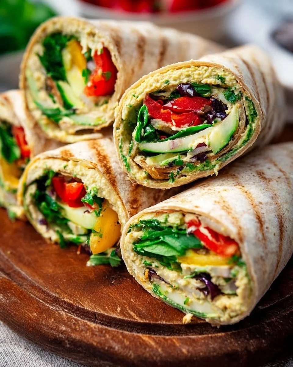 Veggie wrap with hummus and fresh vegetables on a plate